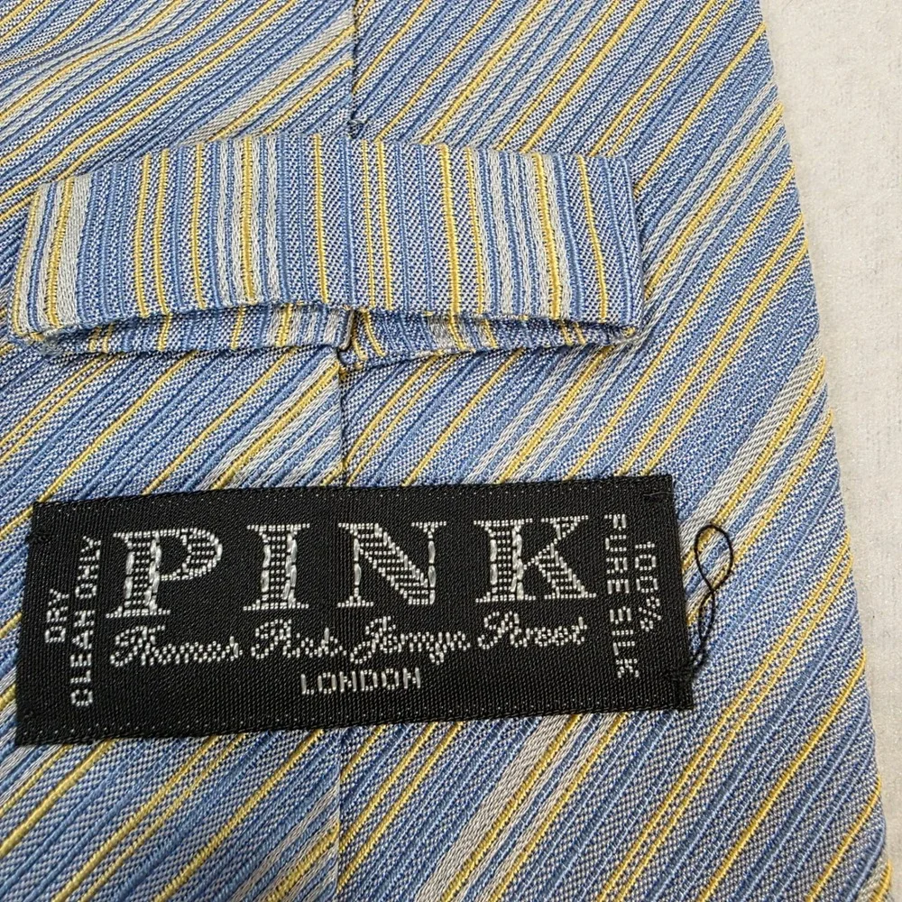Thomas Pink Jermyn Street London Silk Tie Blue Gold Striped Made in Morocco
